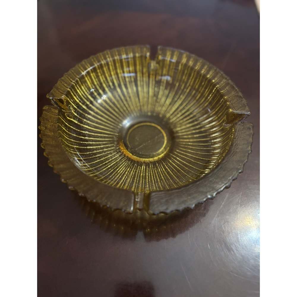 Vintage Retro Large 9" AMBER Heavy Glass Ashtray Mid Century Modern